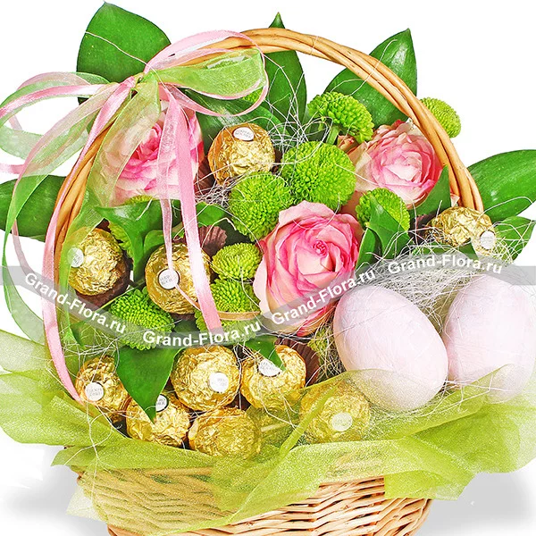 Праздник Пасхи - букет из роз и хризантем + конфеты